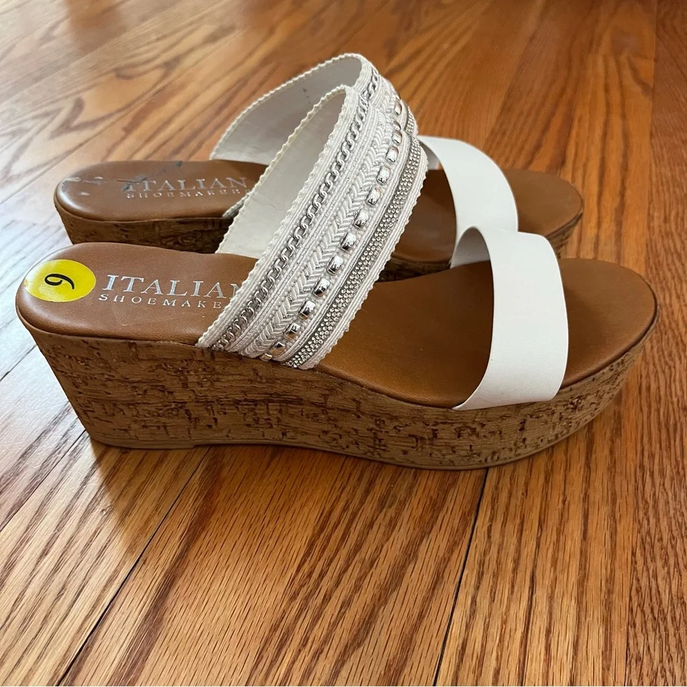 Italian Shoe Makers Silver Embellished Double Band Wedge Sandals Made In Italy 9